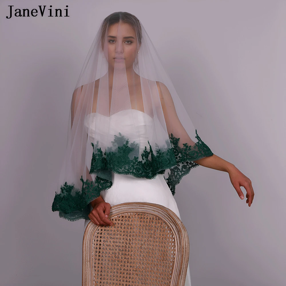 

JaneVini Elegant Green Lace Applique Bride To Be Veil One Layer White/Ivory Tulle Bridal Wedding Veils Without Comb welon ślubny