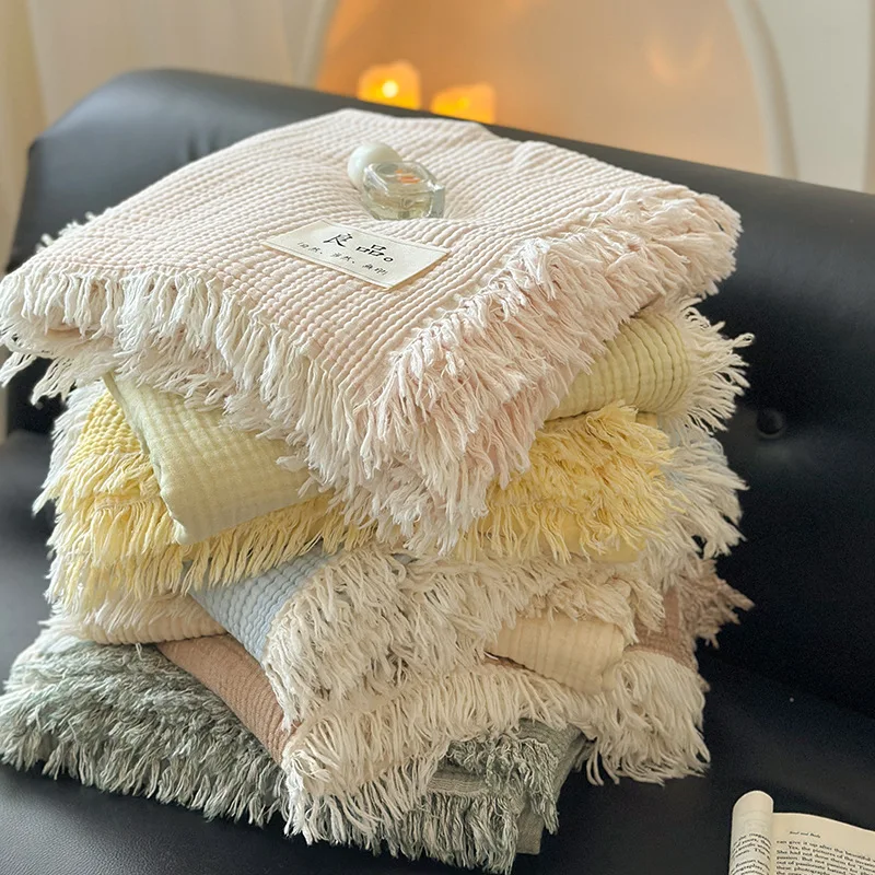 100 Percent Cotton Four Layer Gauze Blanket Japanese Minimalist Soft Tassel Office Nap Towel Lightweight Breathable 100x150cm