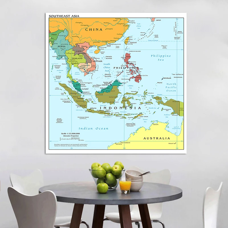 150*150cm The Southeast Asia Map In English Political Distribution Map Canvas Painting Wall Art Poster and Print Home Decoration