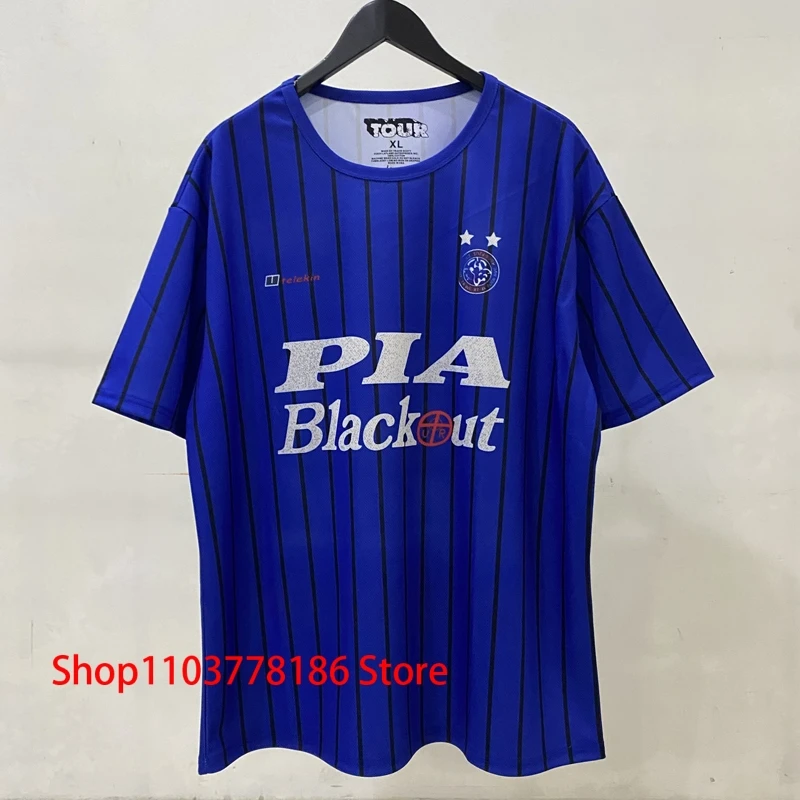 Men's Cactus Jack UTOPIA Short Sleeve T-shirt No.2 Jersey Blue Vertical Stripe Football Sportswear Loose Breathable Mesh Top Tee