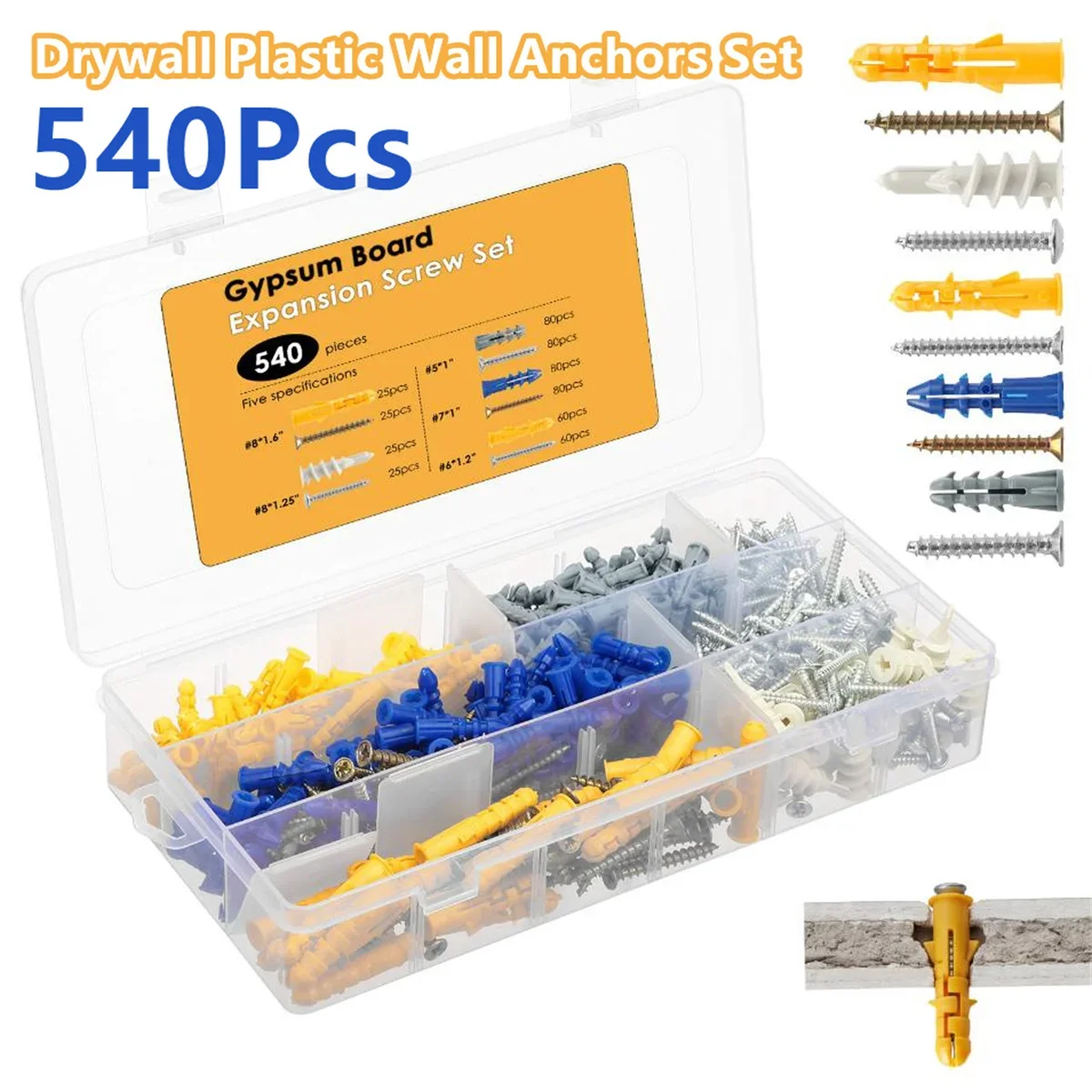 540PCS Drywall Anchors and Screws Assortment Kit Plastic Wall Anchors With Self Tapping Screws Set For Gypsum Board Wall Box
