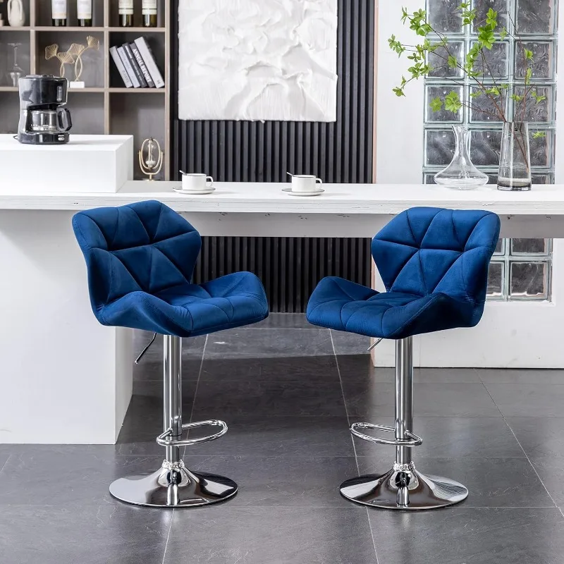 Velvet Diamond Tufted Swivel Adjustable Height Barstools, Set of 2, Blue