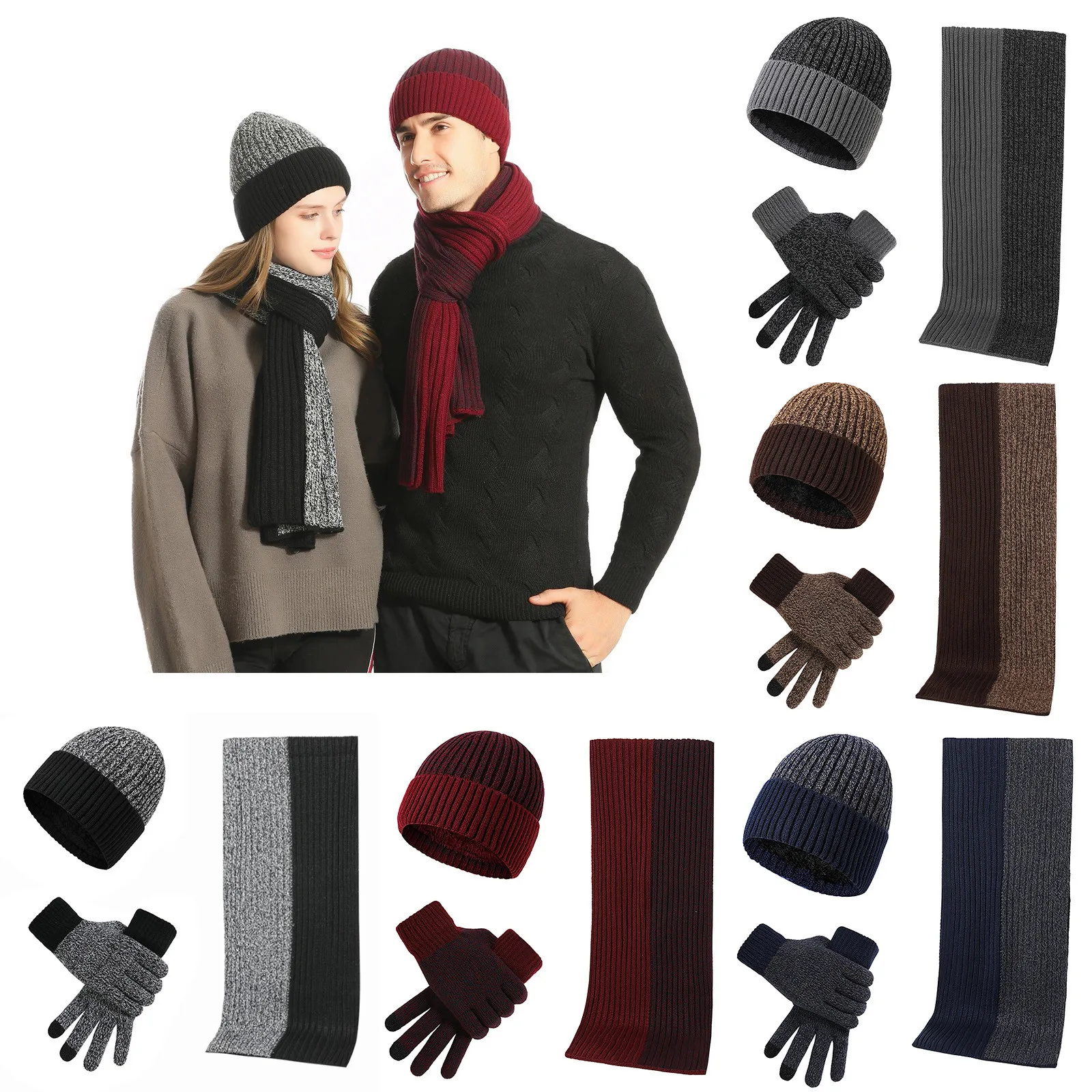 

Men's Autumn Winter Keep Warm Set Unisex Beanie Gloves Scarf Male Woollen Yarn Knitted Muffler Spring Fall Contrast Color Hat