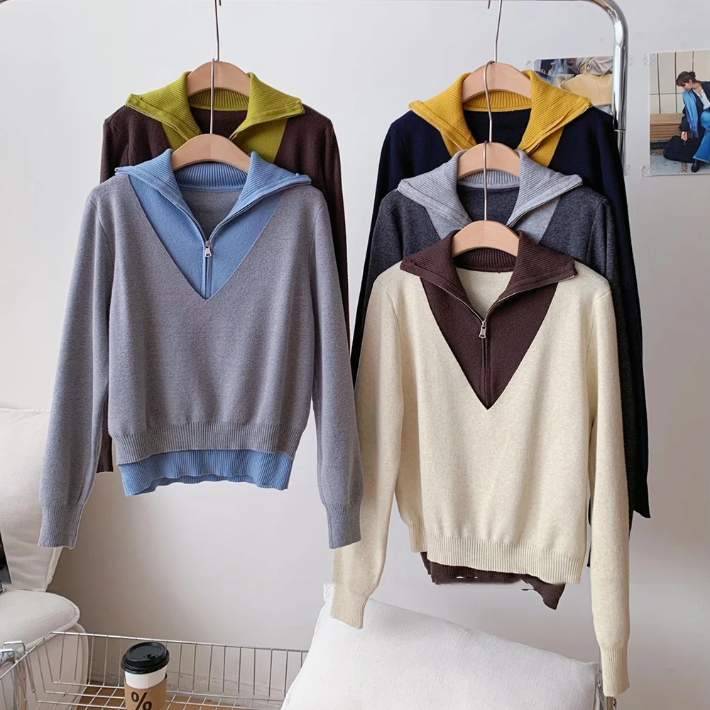 

Контрастный цветной дизайн, ложный свитер из двух предметов, новый весенний пуловер с v-образным вырезом, свитер в корейском стиле, модный трикотаж, женская одежда