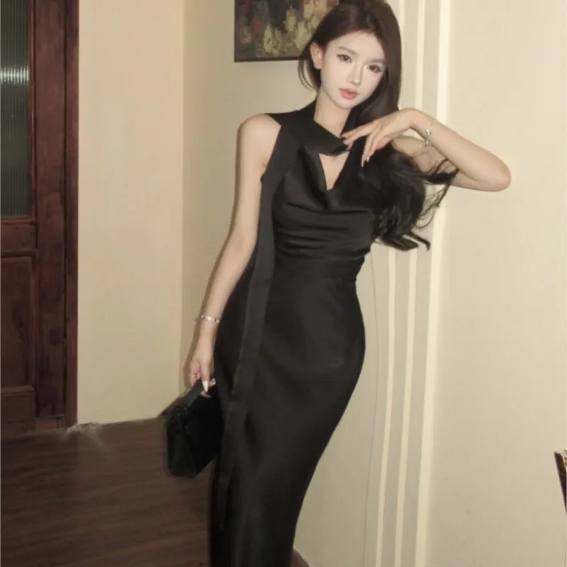 Satin Sleeveless Vest Top High Waist Sheath Skirt Long Two-Piece Set