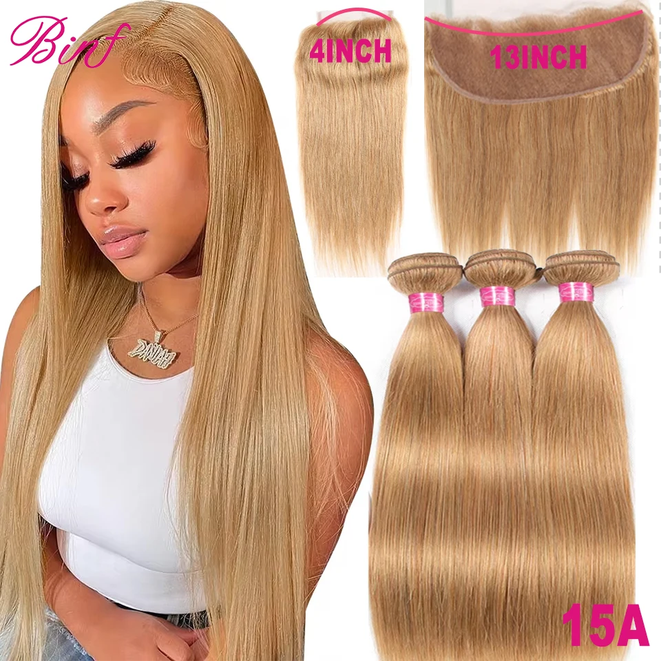 #27 Honey Brown Colored 3/4 Straight Human Hair Bundles with Closure Straight Honey Blonde Transparent 4x4 5x5 6x6 Lace Closure