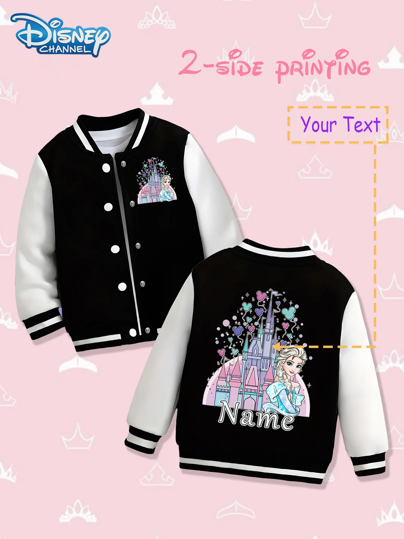 

MINISO Disney Elsa Castle Girls Baseball Jacket - Double-sided ice and snow theme print, warm and dreamy in autumn and winter, s