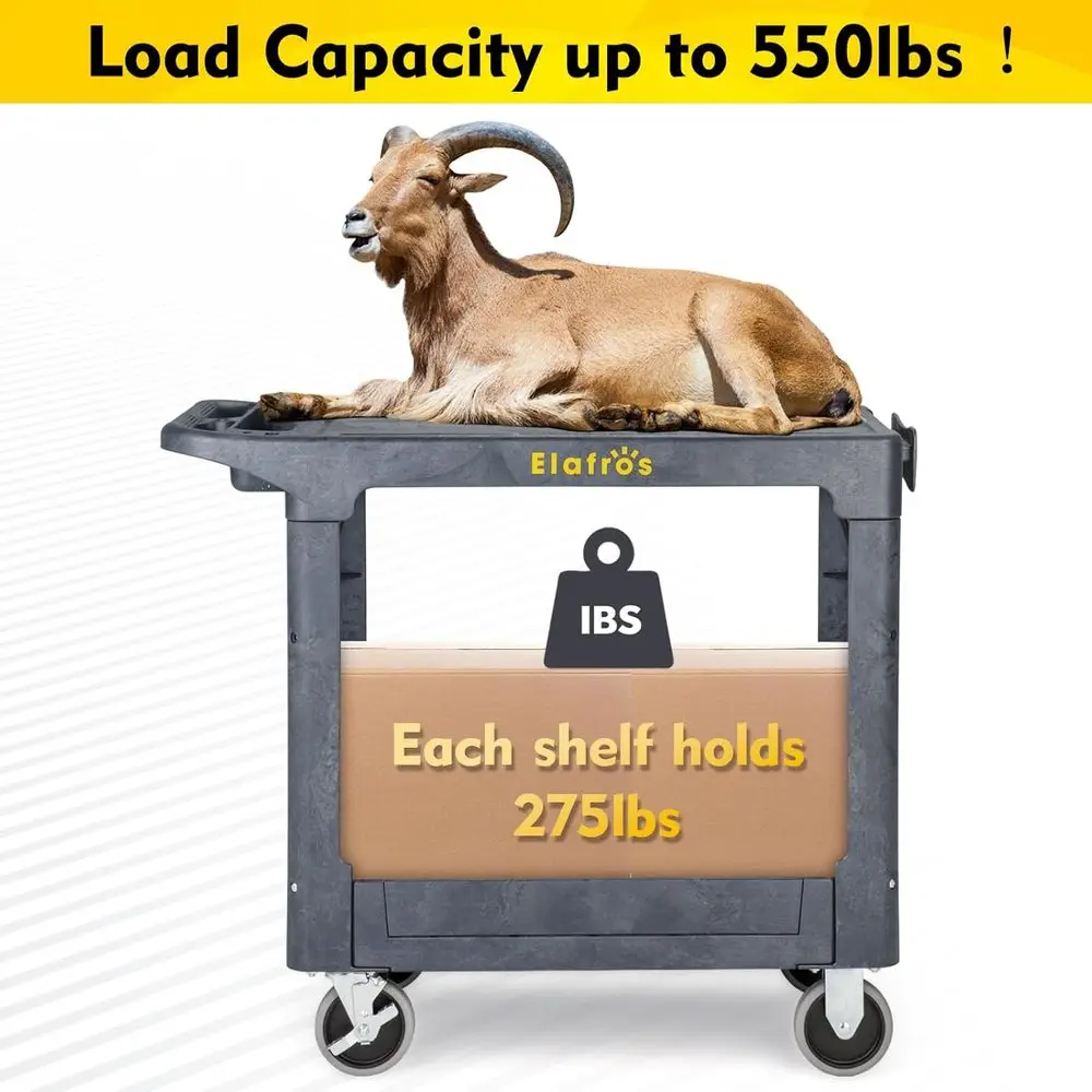 عربة أدوات بلاستيكية قوية بطبقتين، سطح مسطح 37 × 18.8، عجلات دوارة وثابتة، سعة 550 رطل، عربة بريد، رمادي #6