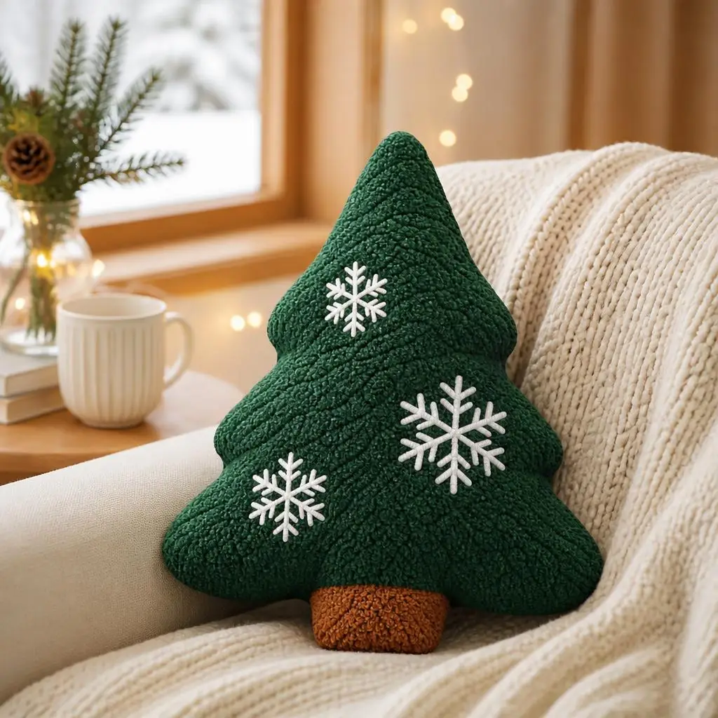 Green Christmas Tree Shaped Plush Stuffed Pillow Snowflake Cushion Holiday Throw Pillow for Couch Winter Home Decor Gift