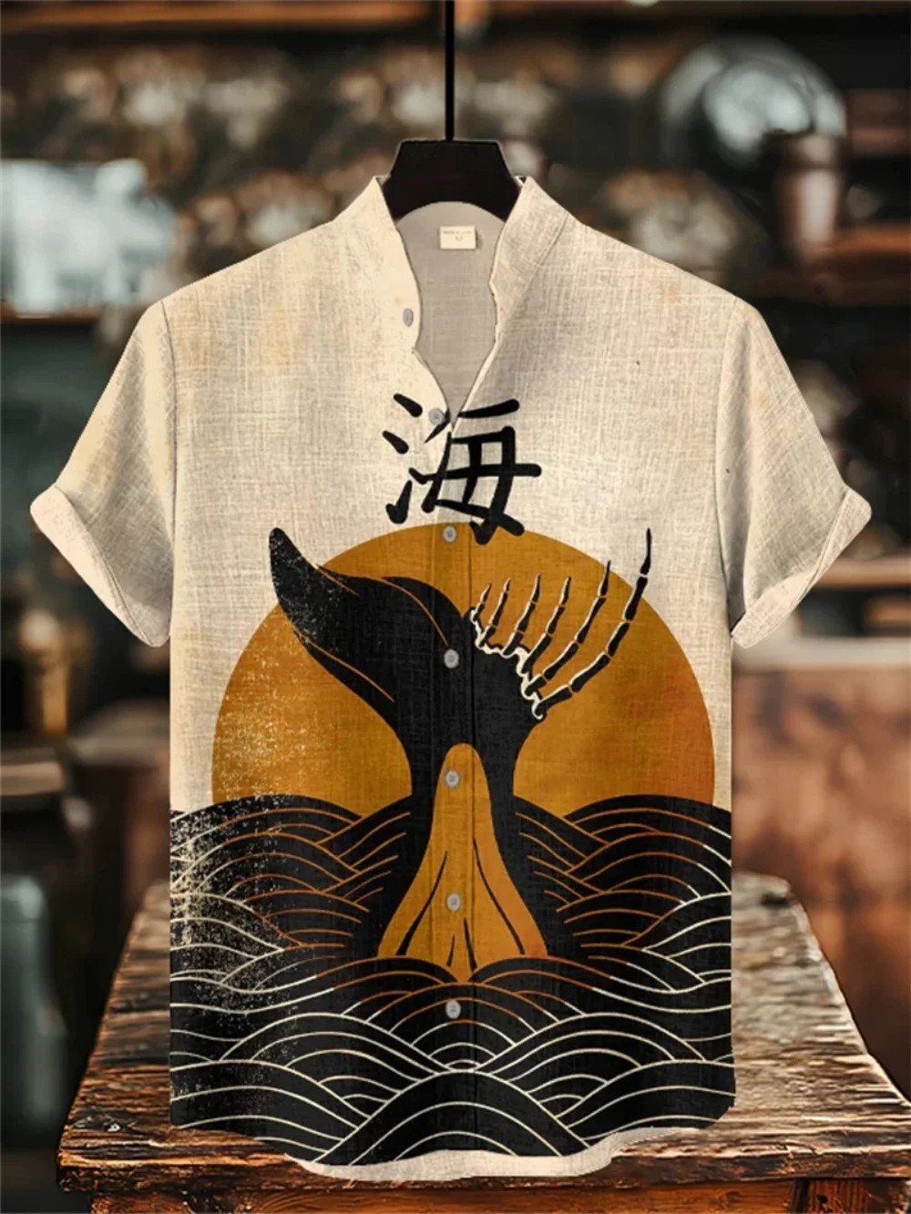 Chemise à manches courtes en lin à motif géométrique rétro pour hommes, Cardigan à col montant, vêtements décontractés pour hommes