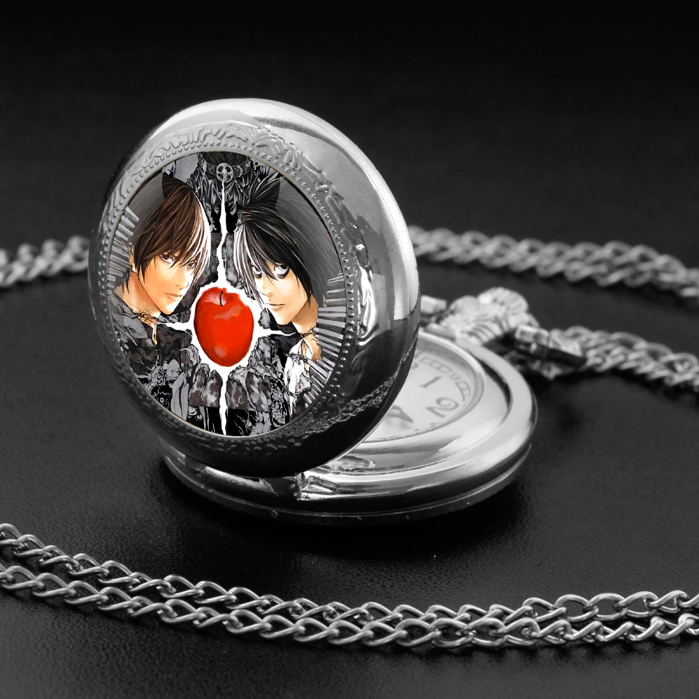 Death Note Design Glass Dome Quartz Pocket Watch With Durable Chain Arabic Numeral Dial For Men And Women Creative Gifts