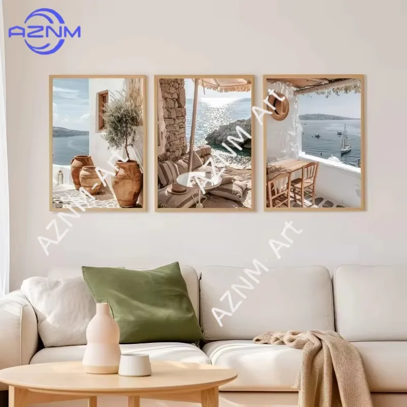 1/3 Stück Moderne Griechische Sommer-Küstenlandschaft Poster und Drucke Leinwanddruck Wandkunst Bild für Wohnzimmerdekoration