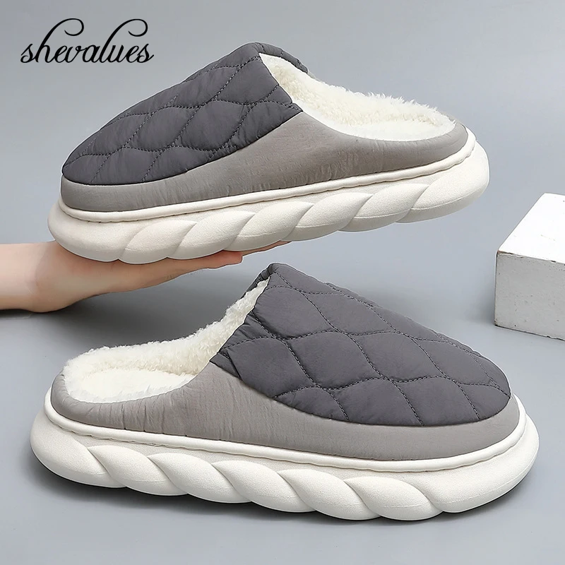 Shevalues Winter Men Slippers New Warm Home Fur Slippers Women Indoor Bedroom Plush Slippers Thick Soled Non-slip Cotton Shoes