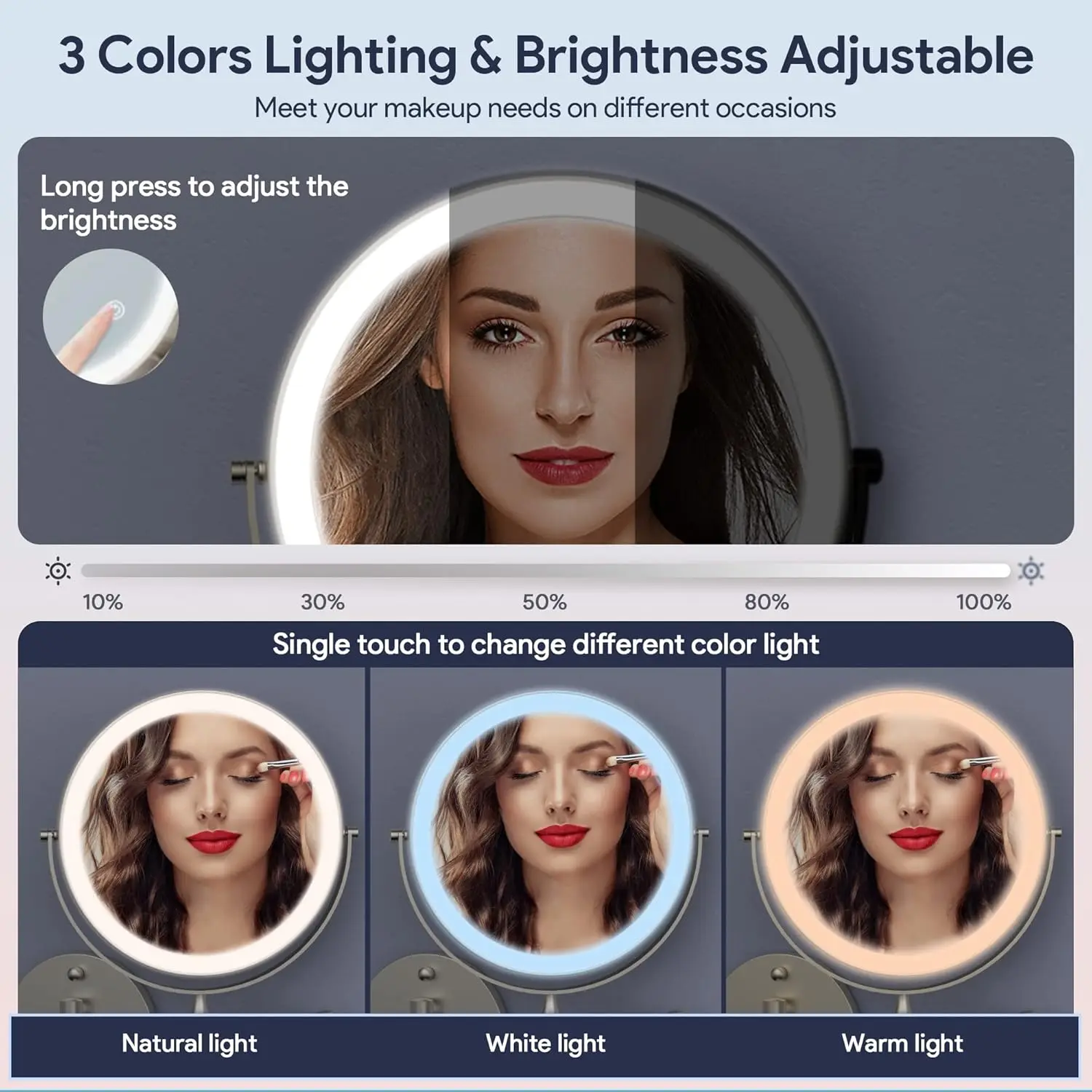 Accessori per specchi da bagno pieghevoli a LED touch in nichel spazzolato Specchio per trucco illuminato magnificamente 10X Specchi da bagno rotondi touch