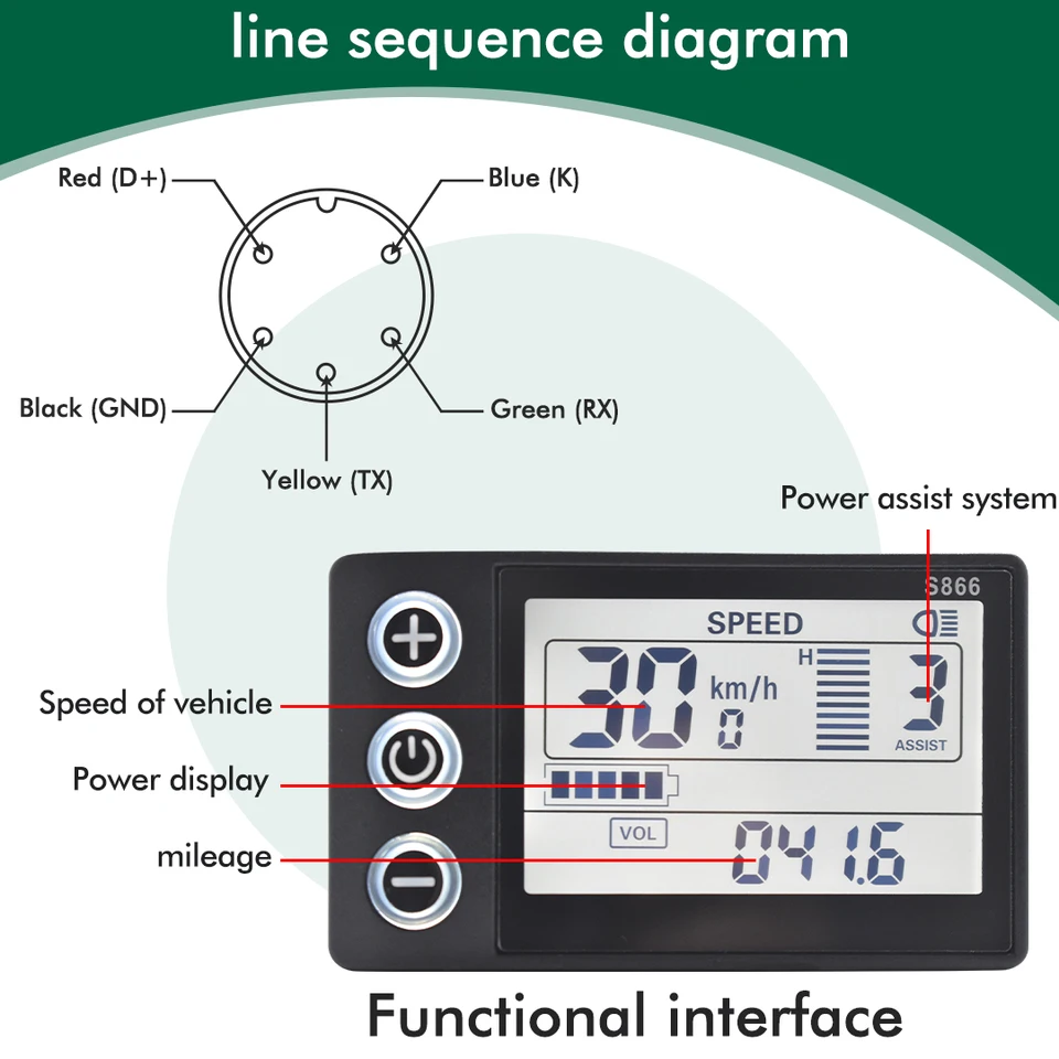 UART2 24V 36V 48V S866 Electric Bike LCD Display Meter E Scooter LCD Panel With USB UART For Mountain Electric Bike Parts (5PIN) image 9