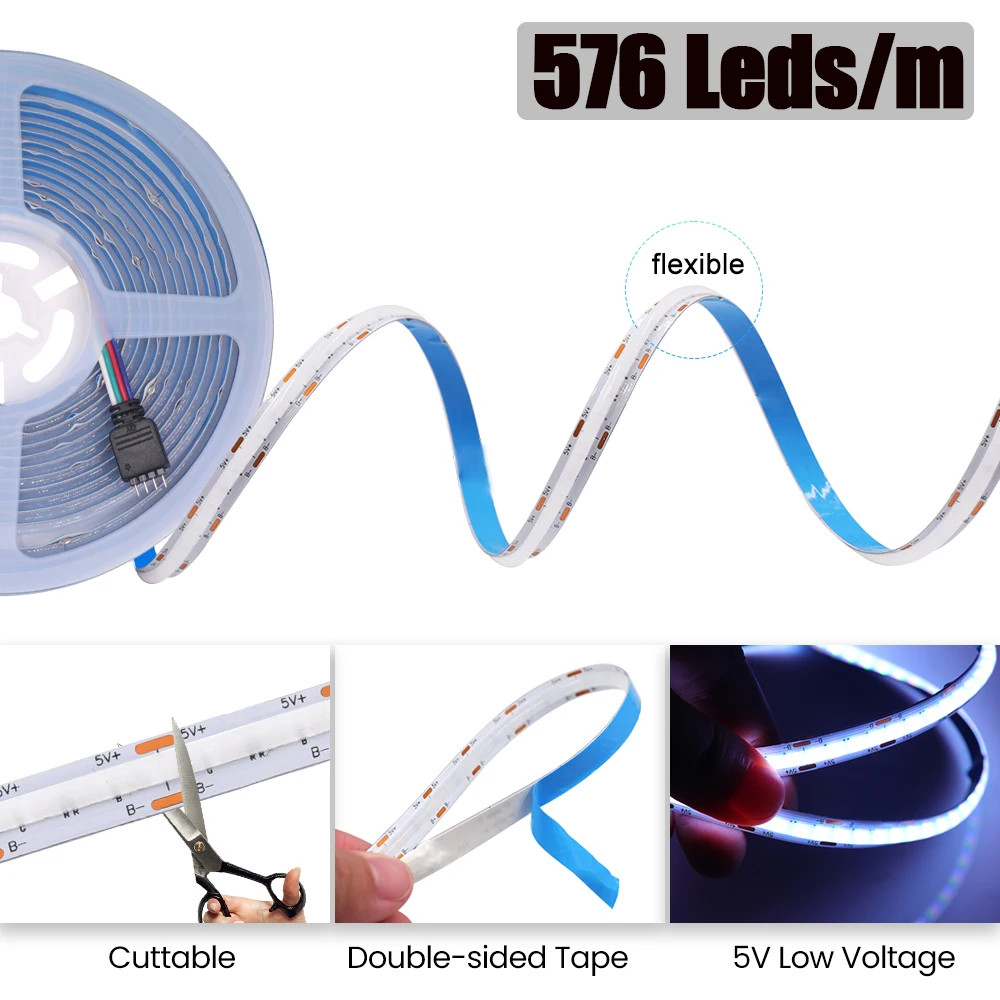 576Leds/M Dc 5V Usb Rgb Cob Strip Bluetooth App Bediening Tv Backlight Home Decoratie Led Tape Diode Flexibel Lint Led Licht