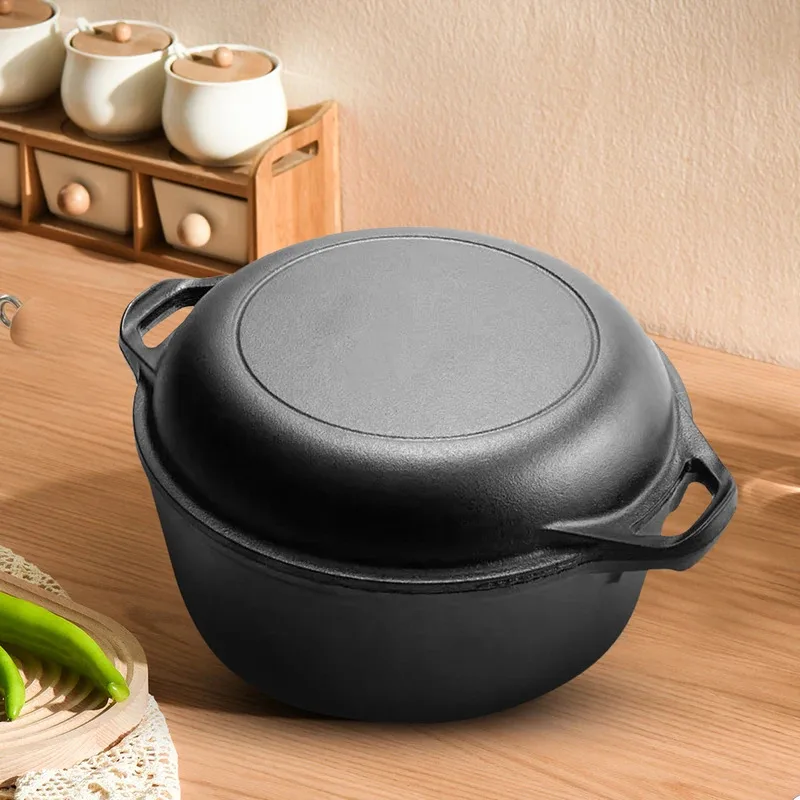 2-in-1 Gusseisen-Dutch-Oven mit Bratpfannendeckel, Multifunktionales Kochgeschirr-Set zum Brotbacken, Braten, Camping & Grillen