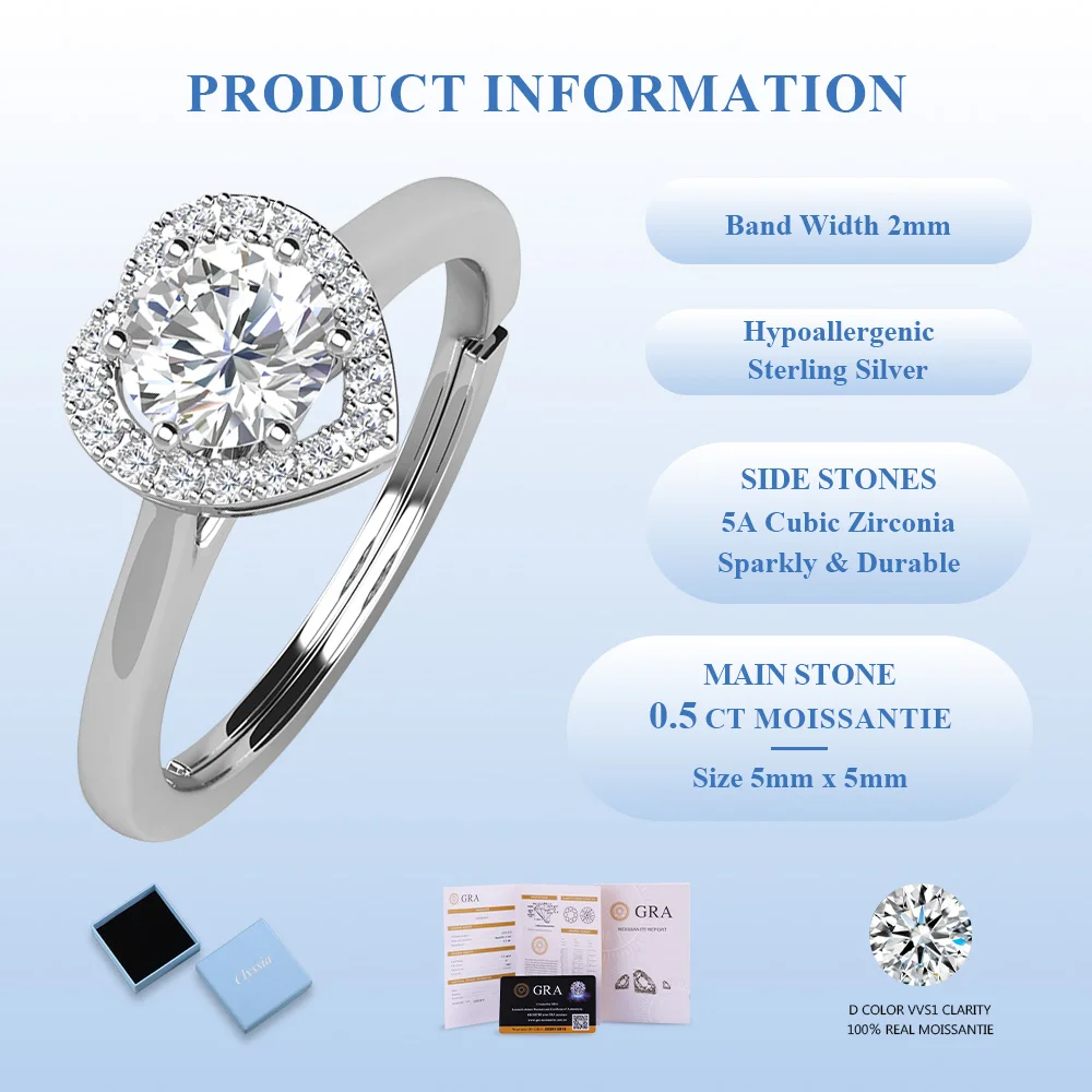 

CLYSSIA Halo Heart Moissanite Ring Anniversary Engagement Bride Wedding Gift D Color VVS1 Perfect Memorial Present for Her