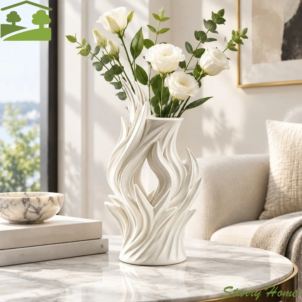 Flower Holder 3D Printed Irregular Vase Hollow Out Twisted Wave Artistic Flame Vase Minimalist Flower Container Entrance