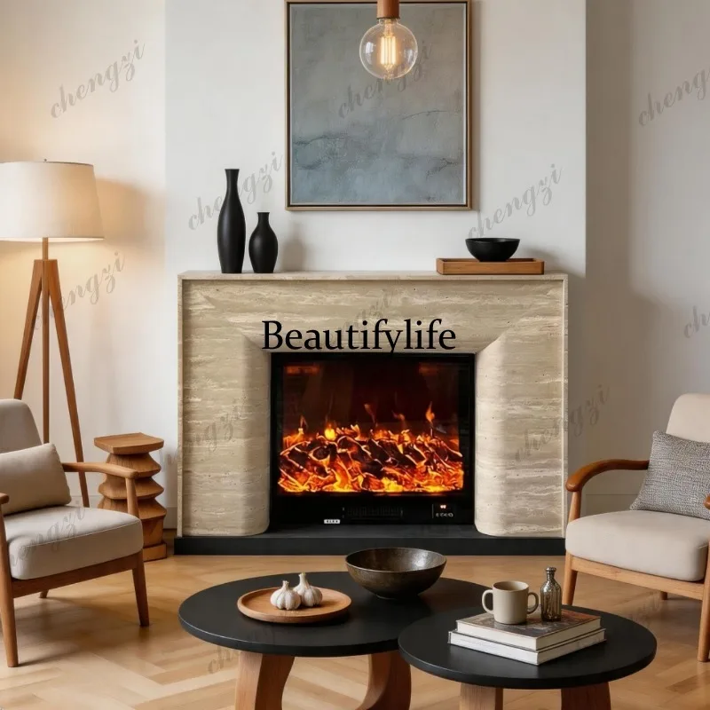 Fireplace decorative cabinet imitation travertine French, living room electronic simulation flame TV integrated