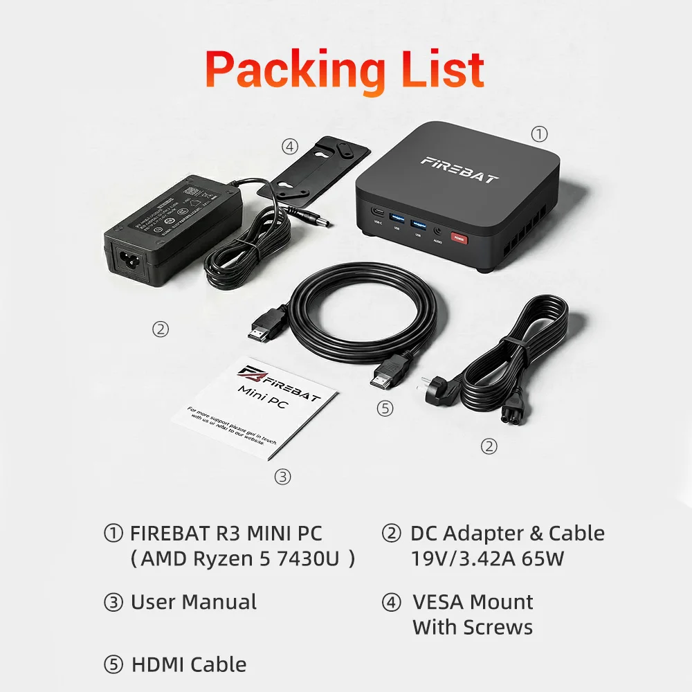 FIREBAT R3 Mini PC AMD Ryzen 5 7430U 16GB LPDDR4 RAM 512GB SSD Window 11 Wi-Fi 6 USB 3.0 BT5.2 Gaming Desktop Mini Computer