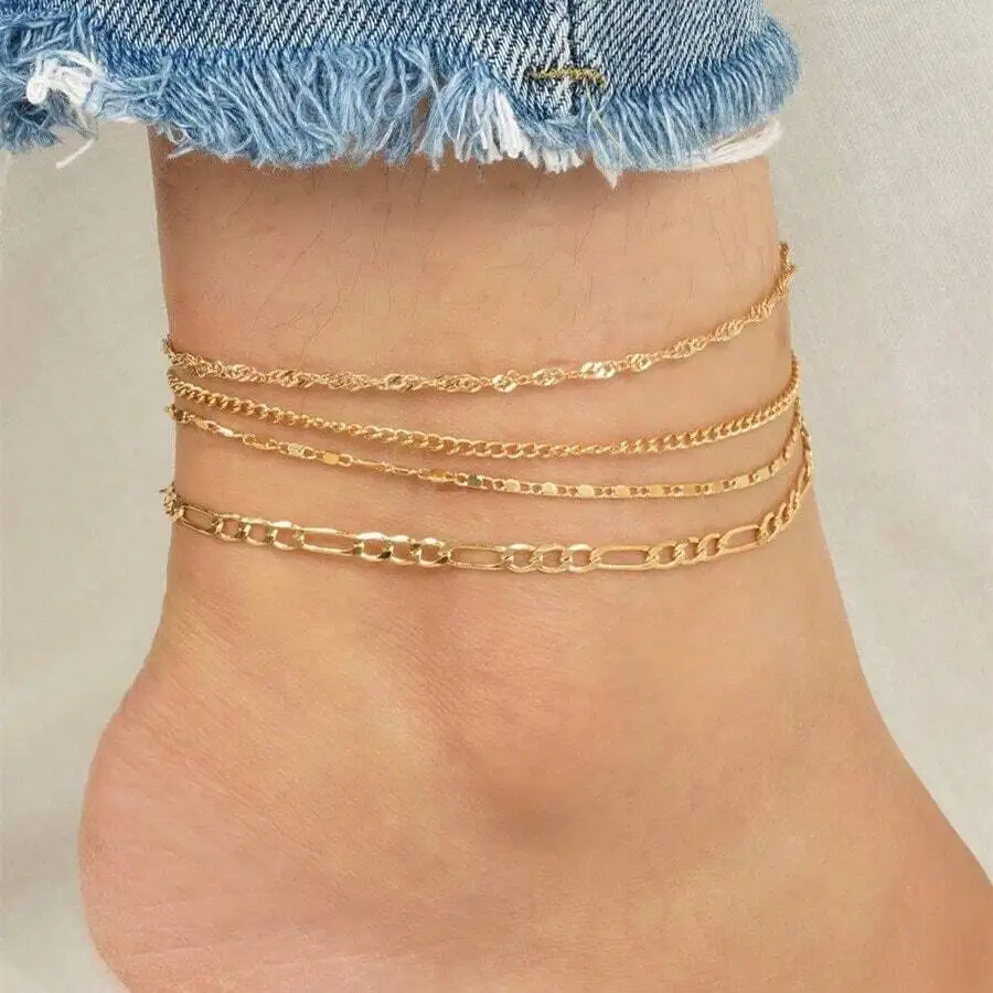 

4pcs Fashionable Beach-Style Alloy Anklet Set Suitable For Women's Travel, Beach, And Daily Wear