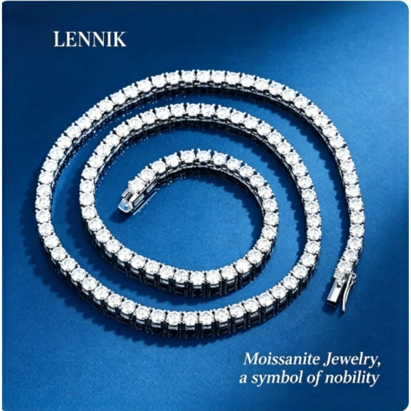 LENNIK Sparkle Real Full 2.5/3/4/5mm D Color Moissanite Tennis Necklace Ladies S925 Silver Diamond Necklace