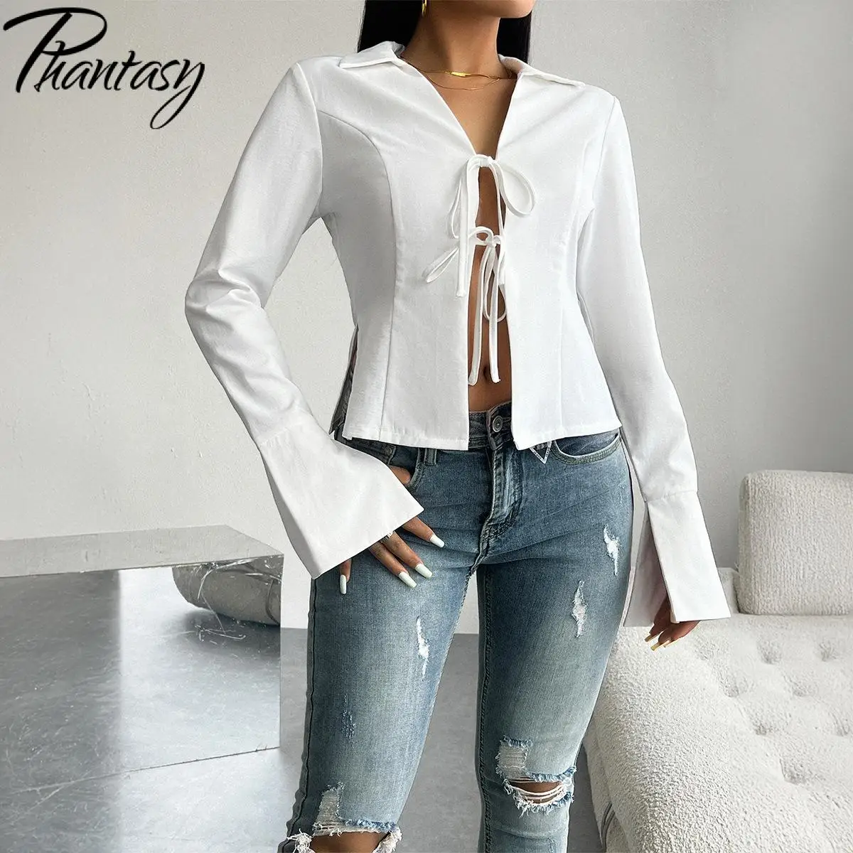 Phantasy White Lace-Up Blouse Women Slim Cardigan Long Sleeved Shirt Collar Tops Fashion Casual Cardigan Autumn Female Clothing