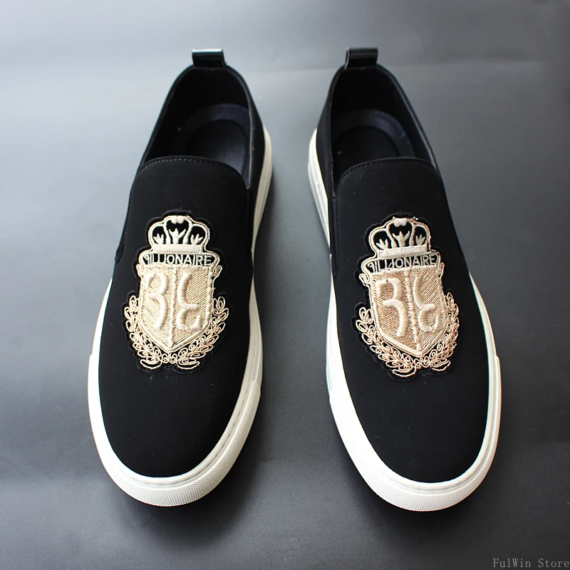 Men Casual Shoes European Suede Leather Party Luxury Embroidery Flat Skateboard Shoes Street Tide Slip-On Loafers