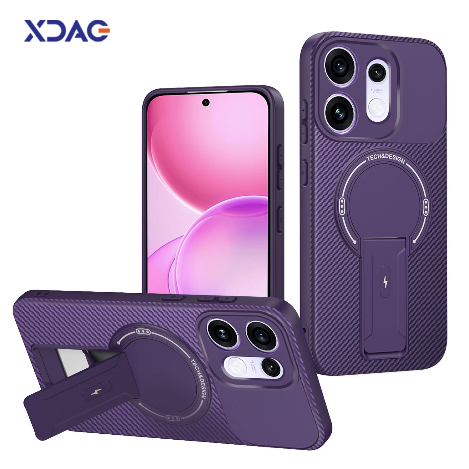 Carbon Fiber Texture Soft Case for OPPO Reno16 F FS C Reno 16 Pro 16F 16C 16FS 16Pro 5G Hidden Folding Stand Magnetic Back Cover