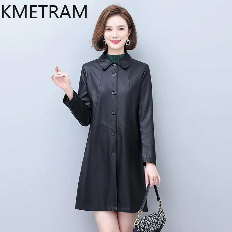 KMETRAM-Veste mi-longue en cuir de mouton véritable pour femme, vêtements coréens polyvalents, coupe couvertes, automne 2024