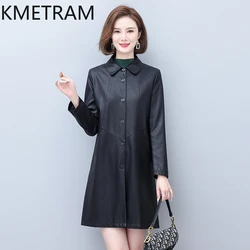 Kmetram-女性のための本物のシープスキンレザージャケット,ミッドロング,秋の服,用途の広い韓国のコート,スリムフィット,2024