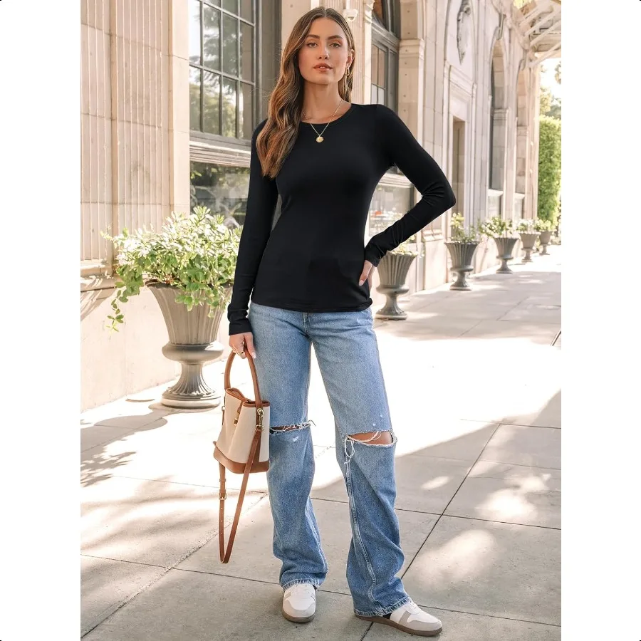 Camisas femininas com nervuras AUTOMET, gola redonda, tops justos, casuais, camada slim, camisetas básicas