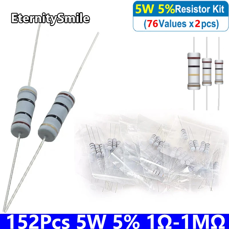 152Pcs/Pack 76 Values 5W 5% Carbon Film Resistors Kit 1Ω-1MΩ 4.7R 6.8R 10R 470R 1K 2K 47K 68K 820KOhm Resis tance Assortment Set