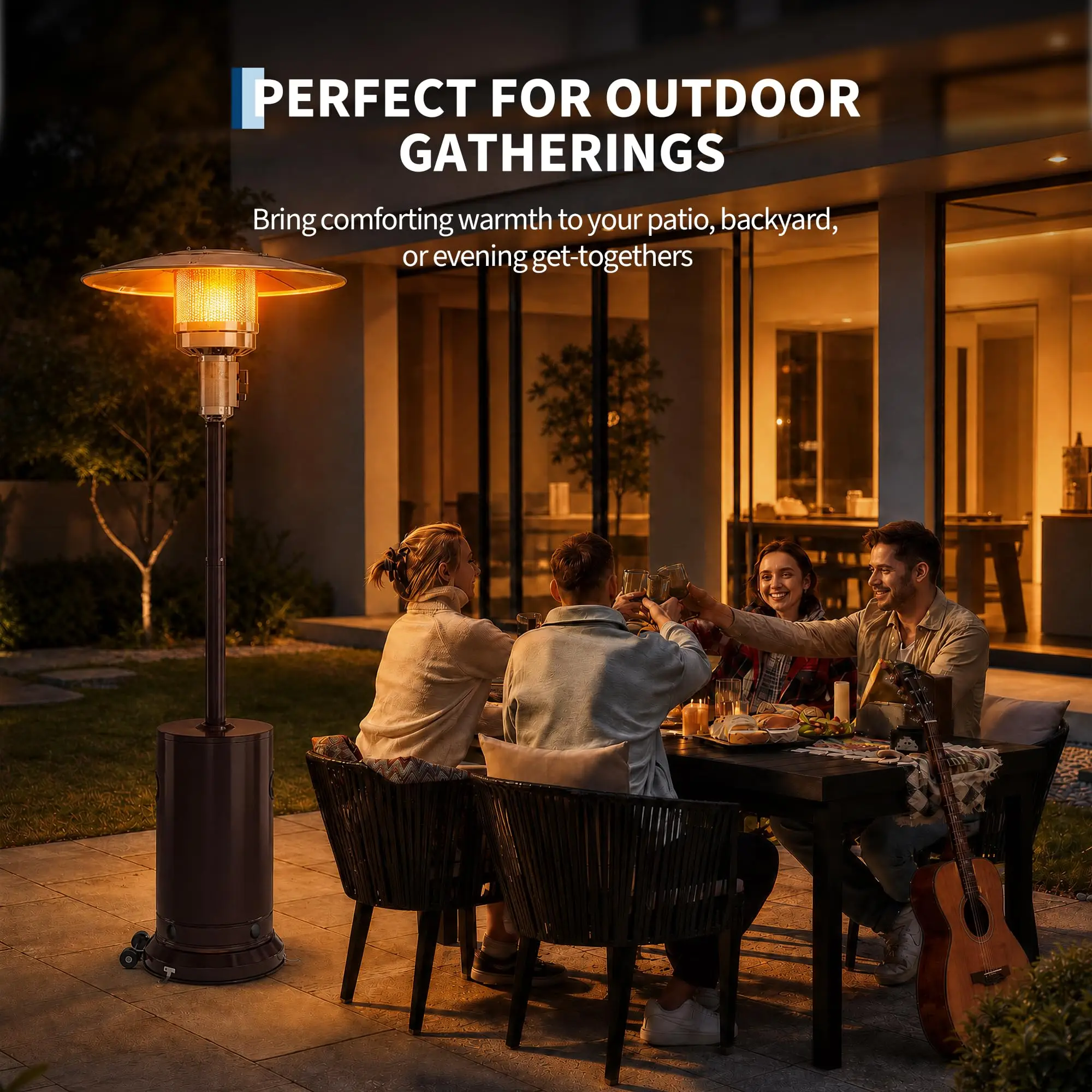 48,000 BTU Propane Patio Heater for Outdoor Use with Wheels & Round Table Design, Double-Layer Stainless Steel Burner with Tip-over Protection, Ideal for Home & Commercial