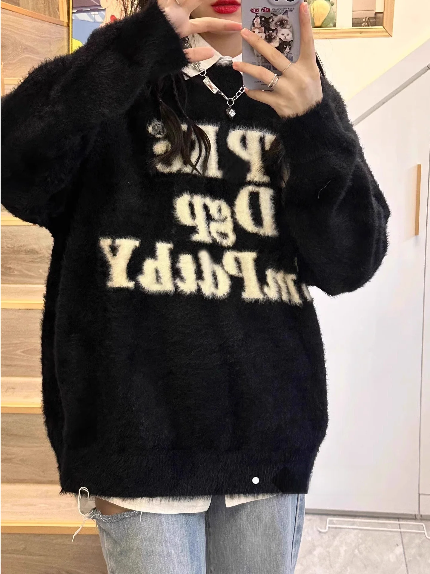 

Утепленный женский свитер из норки с американским принтом, мягкий вязаный джемпер с круглым вырезом, повседневный топ для весны