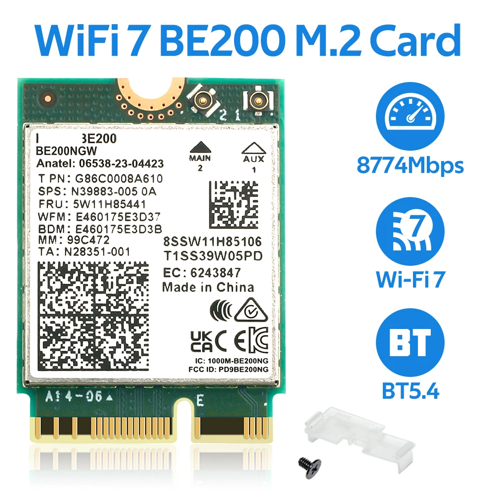 8774Mbps BE200 WiFi 7 M.2 Network Adapter Bluetooth 5.4 for Intel BE200NGW Wifi7 Card Tri Band 2.4/5/6Ghz Wireless Adapter