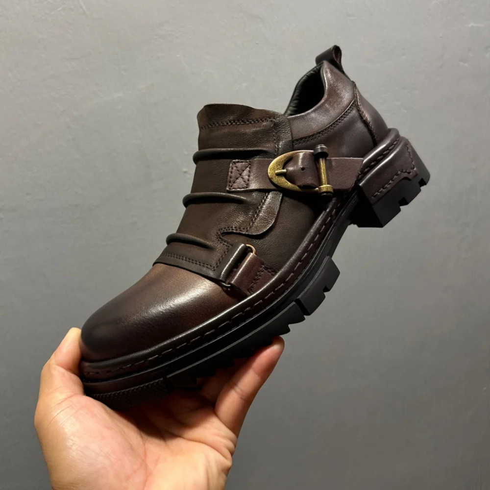 

QHCCID Horsehide casual shoes - genuine leather handmade shoes - retro motorcycle shoes - versatile and edgy men's short boots