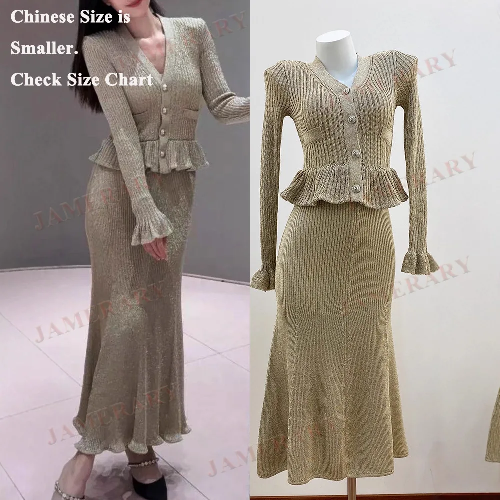 

Elegant Lurex Ruffle Midi Fake Two-Piece Knitted Dress For Women Autumn Long Dresses Knitwear Winter Clothing Full Sleeve