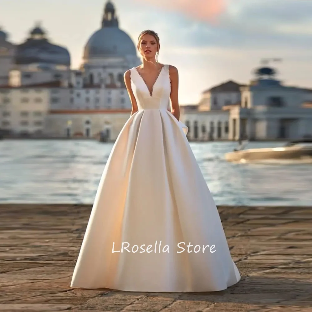 LRosella Abito da sposa A-Line Scollo a cuore Senza maniche Lunghezza pavimento Raso Elegante Squisito stile Morden Lusso فسات2024