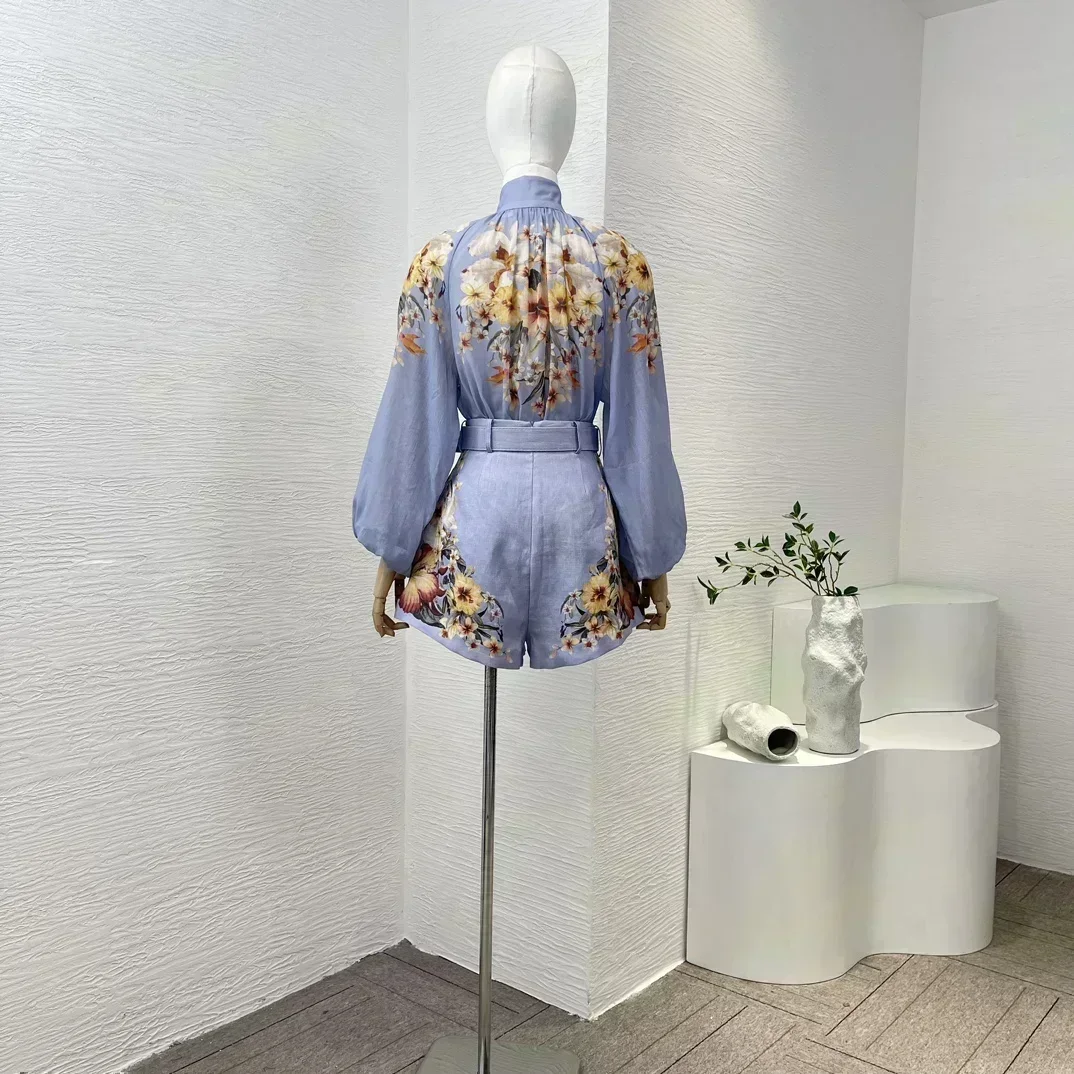 New Blue Palm Floral Print Vintage Ramie Lantern Sleeve Buttons Blouse High Waisted Linen Removable Belt Shorts Set for Women