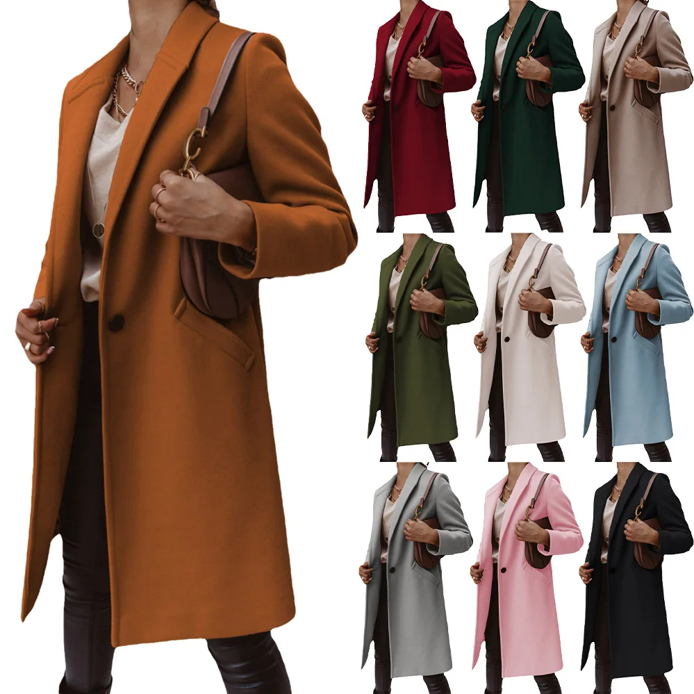 Women's S-3XL size New autumn/winter solid color lapel mid length button down woolen coat jacket