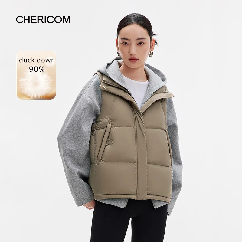 

Chericom Women's Down Vest Stand Collar Zipper Pockets Thickened Warm Winter Vest Fashion Versatile Down Jacket Female Y309905N