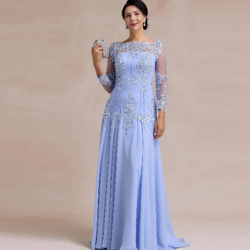 Customized Plus Size Mother Of The Bride Dresses A-Line Long Sleeves Chiffon Lace Beaded Long  Mother Dresses For Weddings