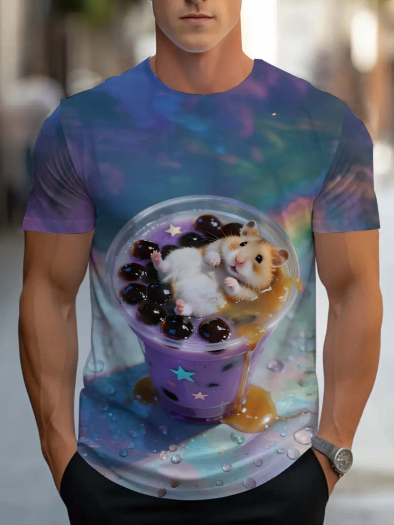 Men's Crew Neck Tee 3D Hamster In Purple Bubble Tea Cup Water Drop Rainbow Gradient Background Full Print Cute Casual Tops