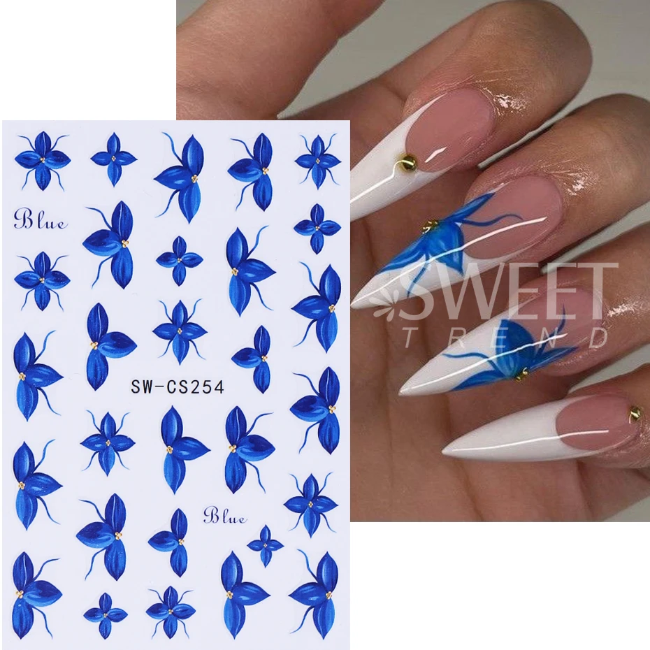 8 stks Bloemen Nail Art Stickers 3D Rood Blauw Sakura Hibiscus Bloemen Bloemblaadje Nail Decals DIY Lente Zomer Slider Manicure Decoratie