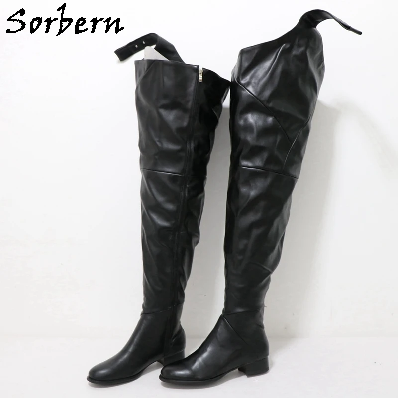 

Sorbern Customized Mid Thigh High Boots Unisex Low Heel Zipper Up Fetish Boot With Belt Round Toe Round Toe Multi Color