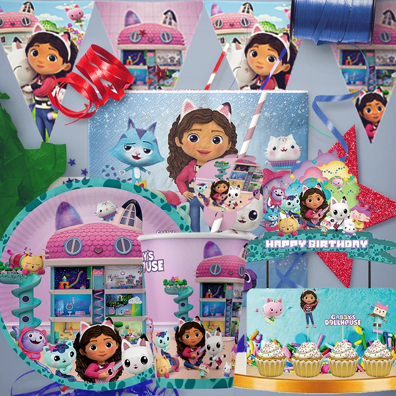 

Gabby Dollhouse Theme Birthday Party Decorations Cake Topper Birthday CUP PLATE Straw Swirls Stickers KidsParty Supplies Decor