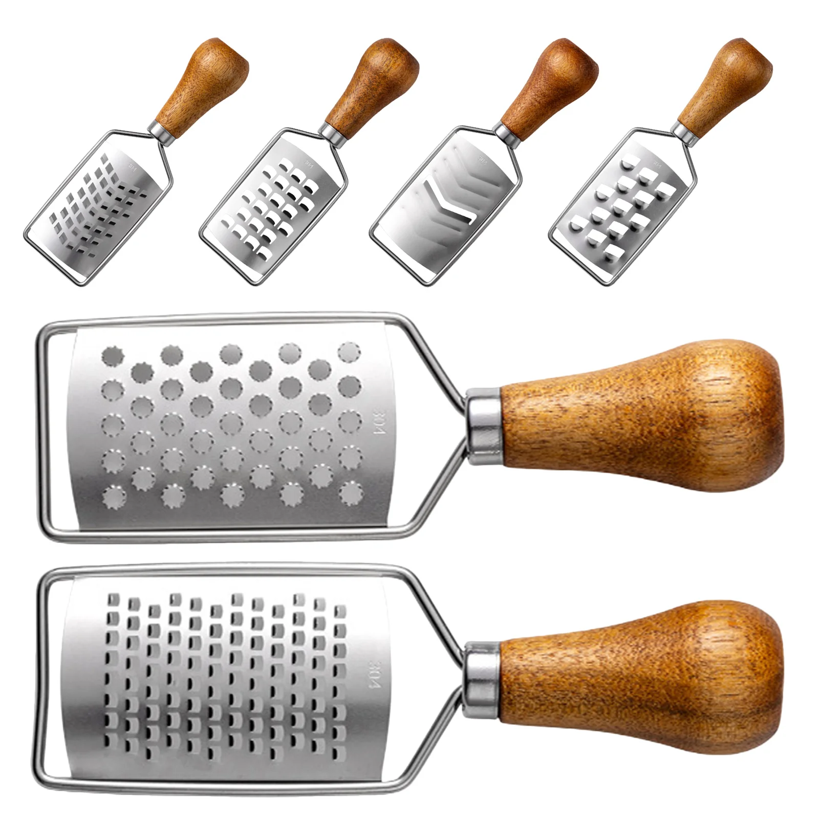

6Pcs Stainless Steel Cheese Grater Natural Wood Handle Portable Handheld Vegetable Cutter Lemon Ginger Chocolate Potato Garlic
