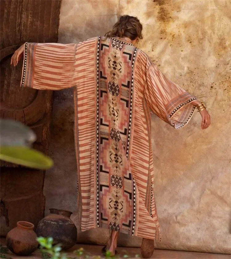 Kimono bohemio para playa, ropa holgada, traje de baño, Túnica con cinturón abierto en la parte delantera, caftán, Pareos, Tunic2024